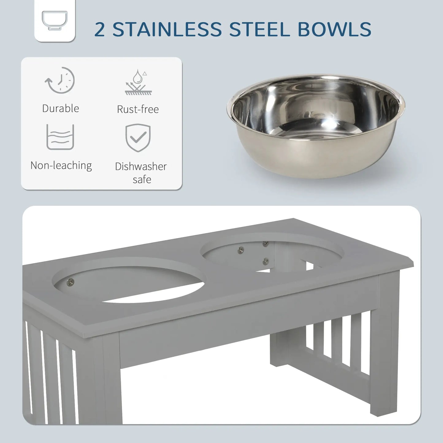 PawHut Raised Dog Feeding Bowls with Stand, Stainless Steel for Extra Small & Small Dog - Grey