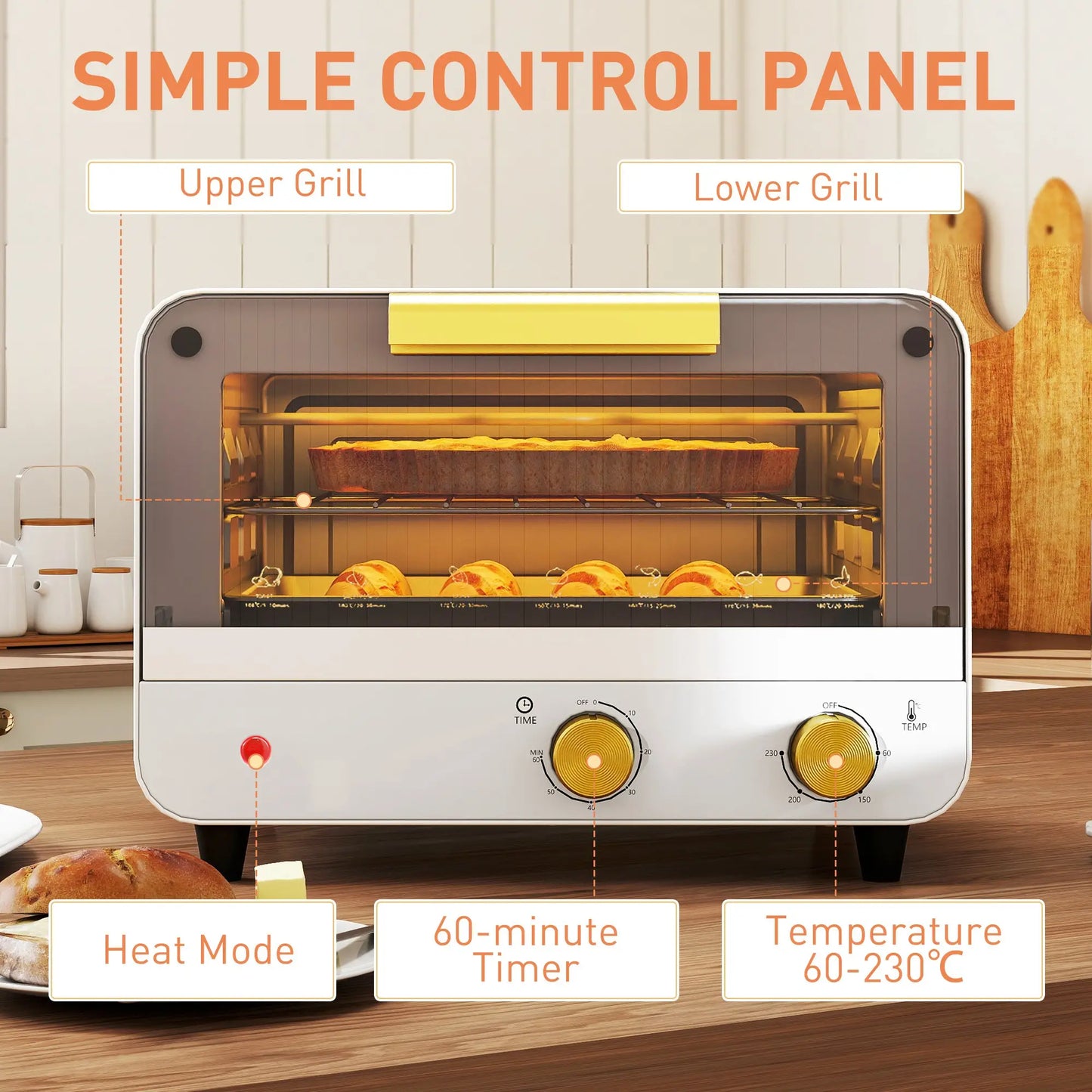 HOMCOM Small Toaster Oven, 12L Multifunction Mini Countertop Oven with Glass Door, Adjustable Temperature & Timer, 750W, White