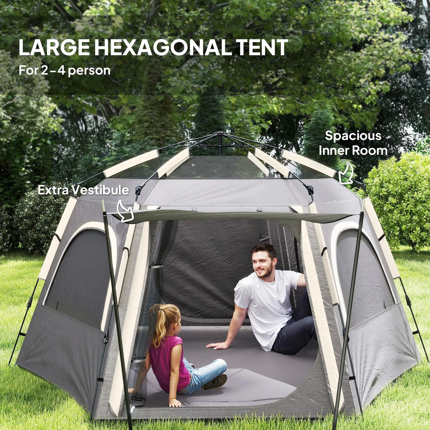 Outsunny Instant Camping Tent, Dome Family Tent with Vestibule, 4 Mesh Windows & 2 Doors, Waterproof & UV Protected, Dark Grey