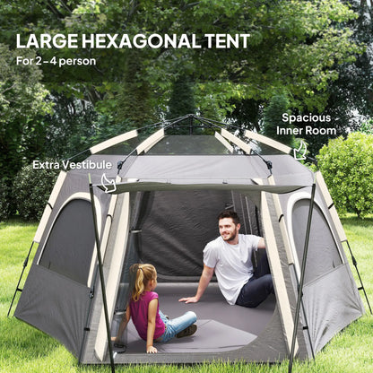 Outsunny Instant Camping Tent, Dome Family Tent with Vestibule, 4 Mesh Windows & 2 Doors, Waterproof & UV Protected, Dark Grey