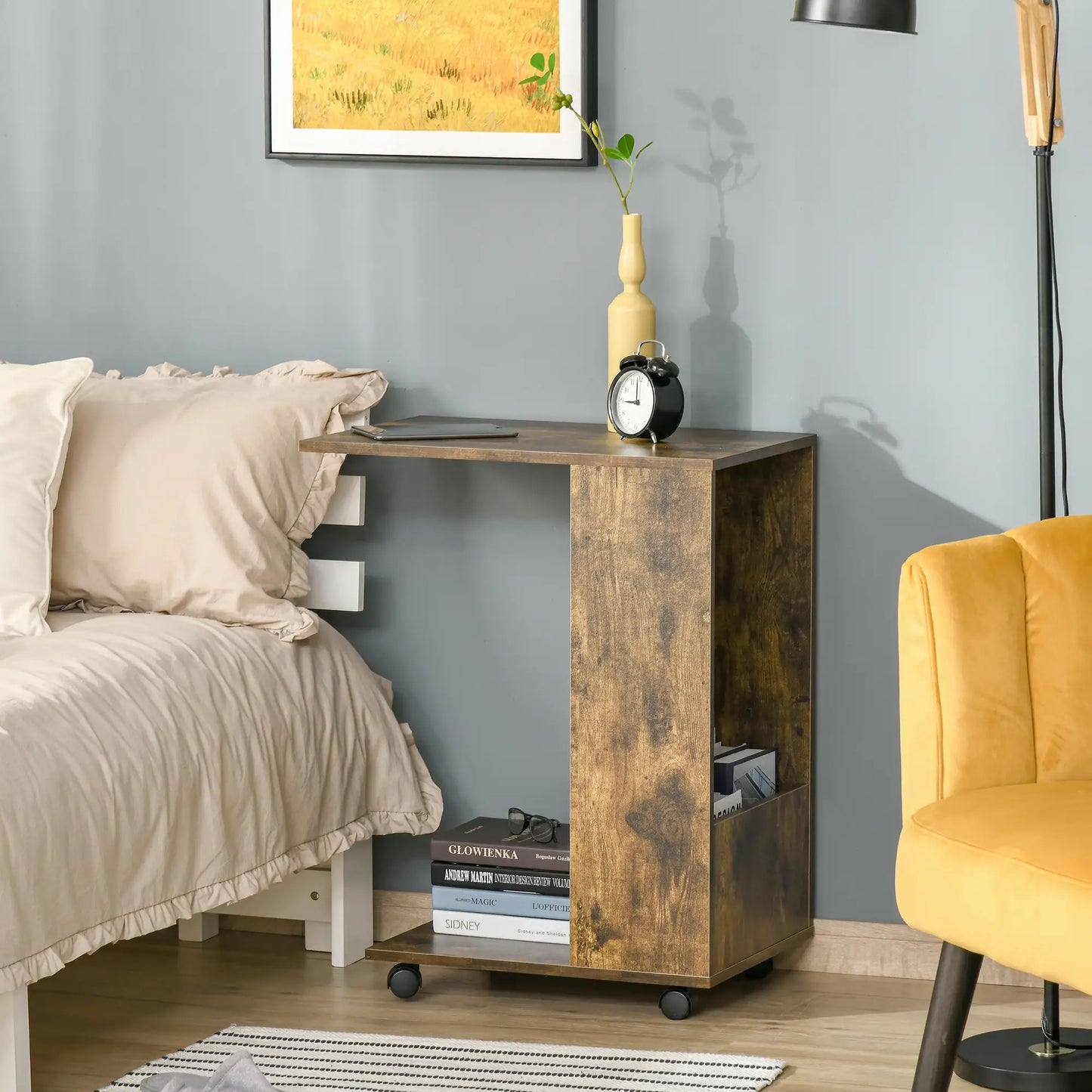 HOMCOM Mobile Sofa Side Table C-Shape End Table with Storage & Casters for Laptop Coffee Snack, Rustic Brown