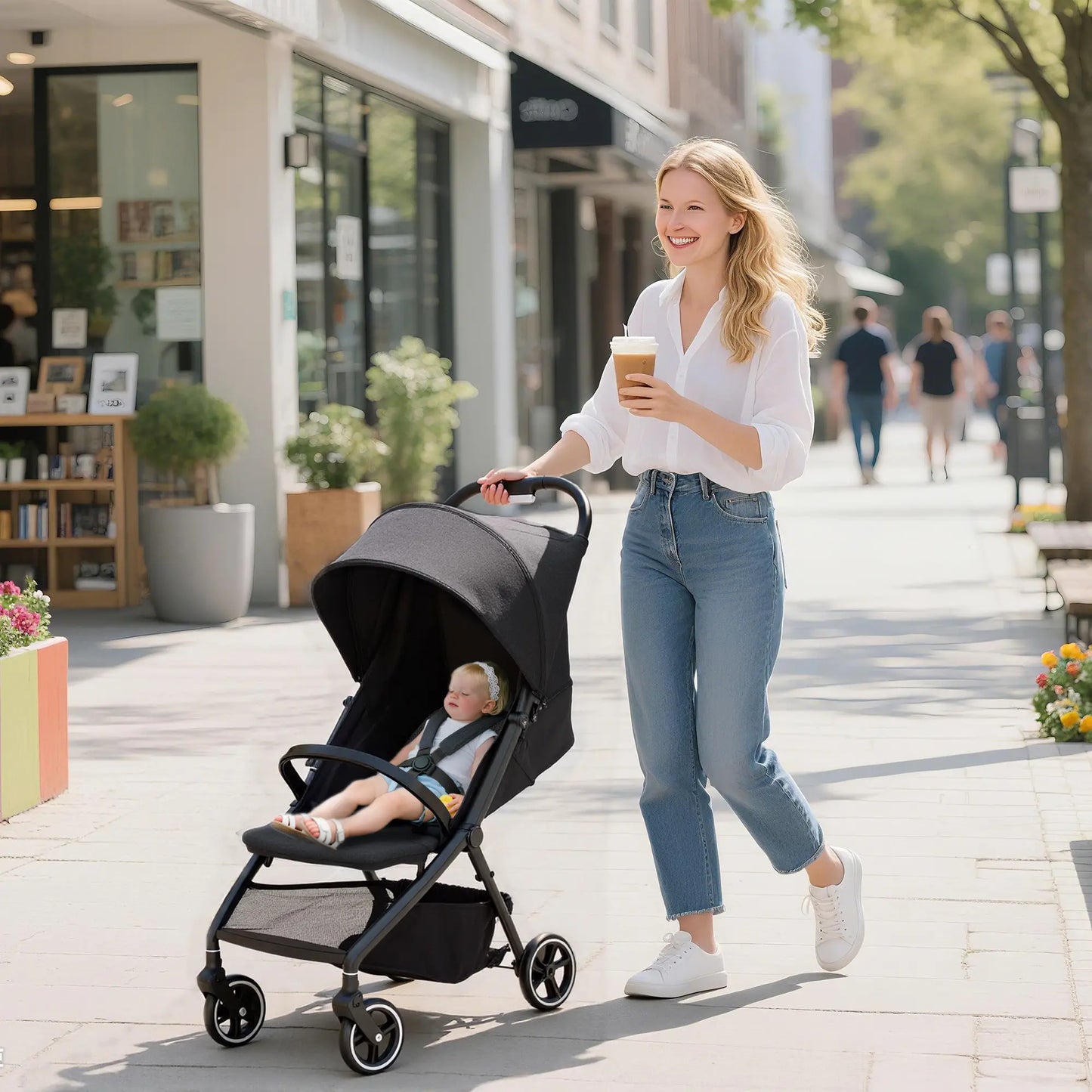 AIYAPLAY Travel Stroller, Lightweight Pushchair, Compact Buggy with Canopy, Basket & Multi-Position Recline, Dark Grey