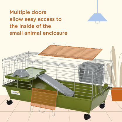 PawHut Small Animal Cage Rabbit Guinea Pigs Chinchillas Cage w/ Wheels, Water Bottle, Food Dish, Ramp, Green