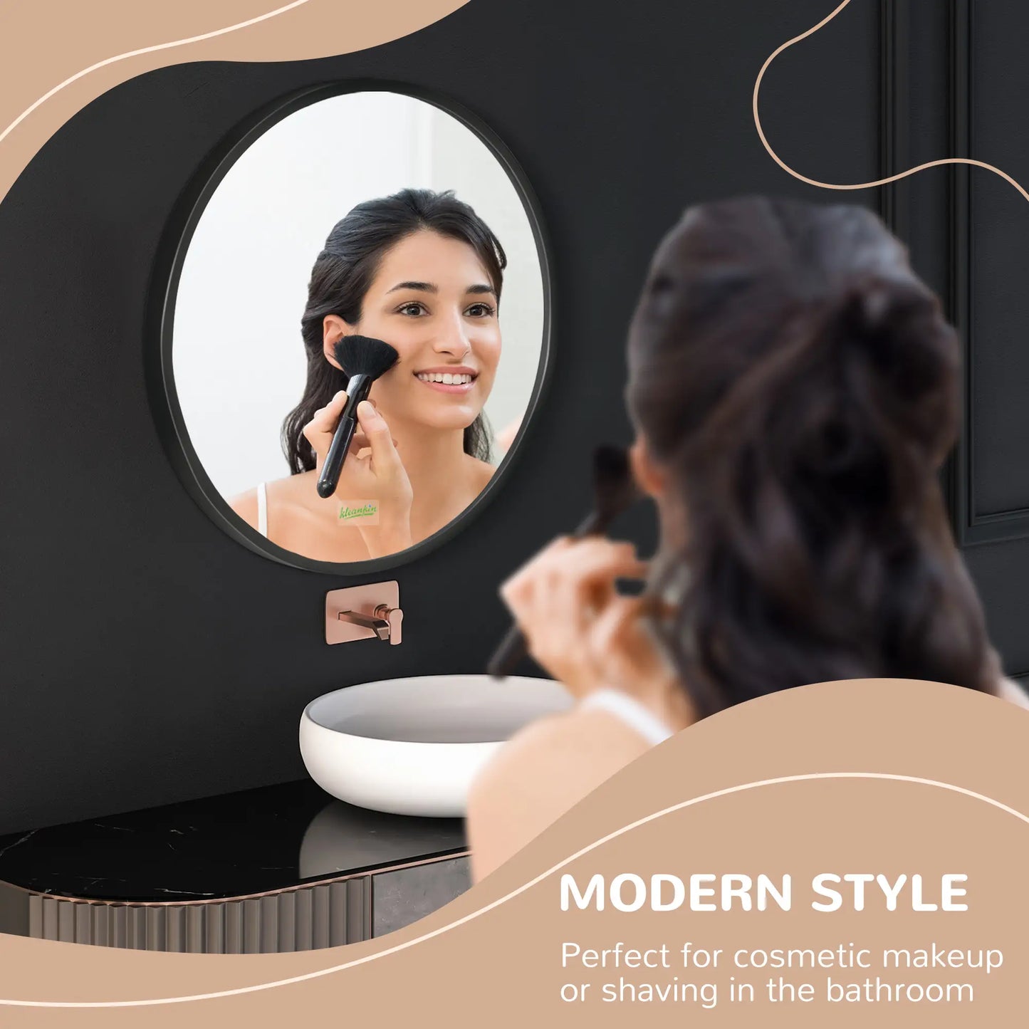 kleankin Round Bathroom Mirror, Modern Wall-Mounted Makeup Mirror with Aluminium Frame for Washroom Living Room, Black