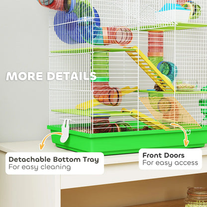 PawHut Hamster Cage, 5 Tier Carrier Habitat with Exercise Wheels Tunnel Tube, Gerbil Cage for Dwarf Mice, Green