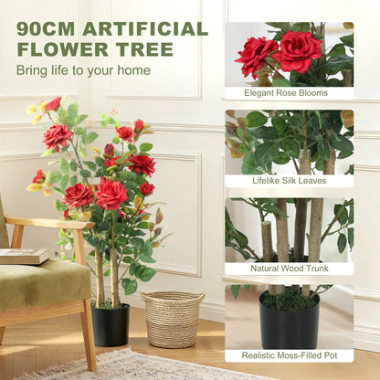 HOMCOM Artificial Rose Tree, Decorative Fake Plant with 344 Silk Leaves 17 Flowers, Red
