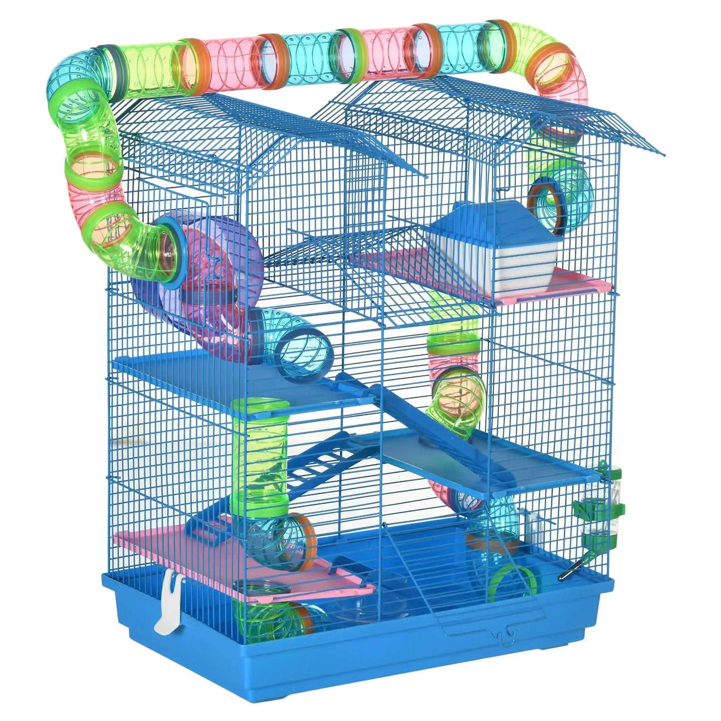 PawHut Hamster Cage, 5 Tier Carrier Habitat with Exercise Wheels Tunnel Tube House Ladder, Gerbil Cage for Dwarf Mice, Blue