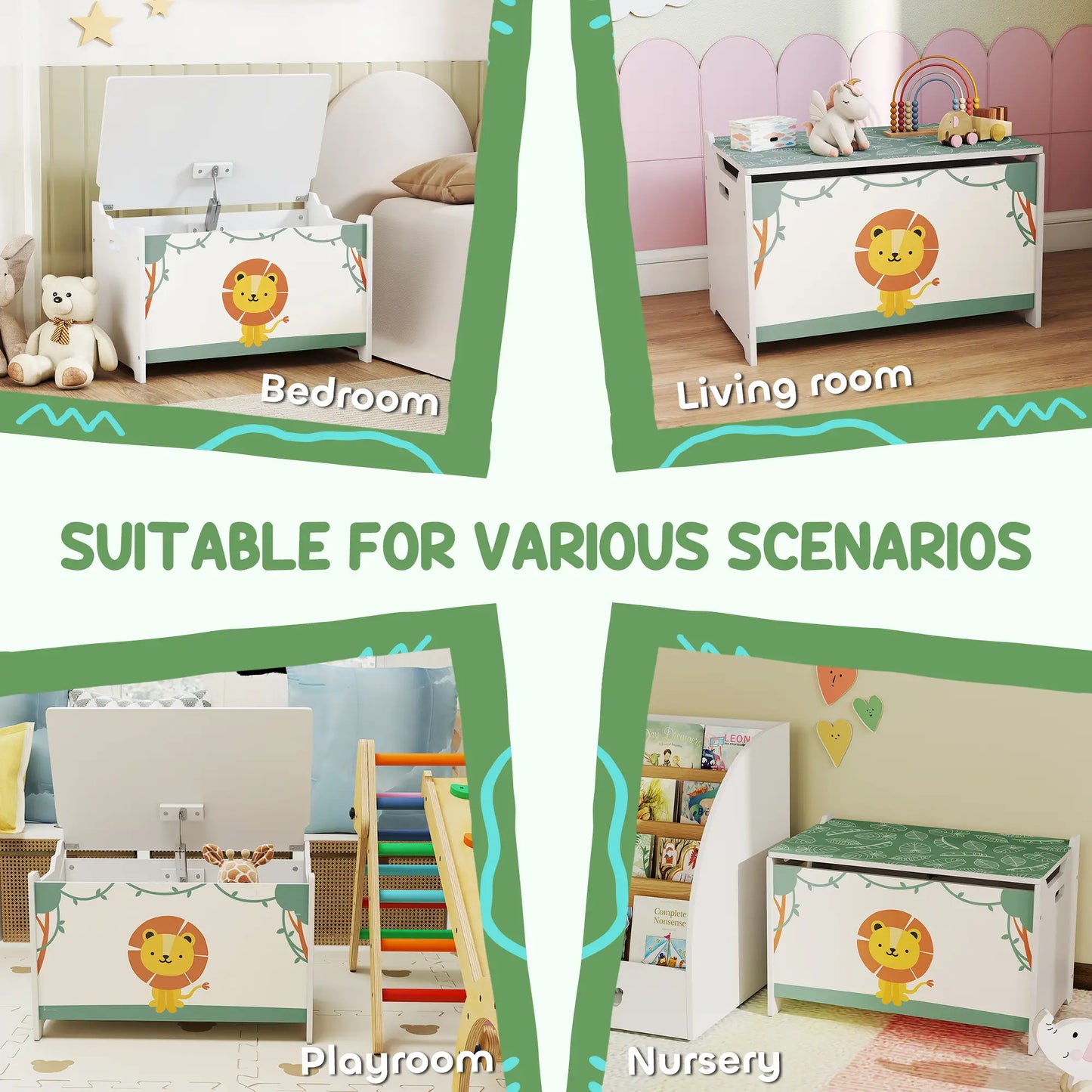 AIYAPLAY Toy Storage Organiser Box with Lid, Safety Hinges and Groove Handles for Kids, Playroom, Green