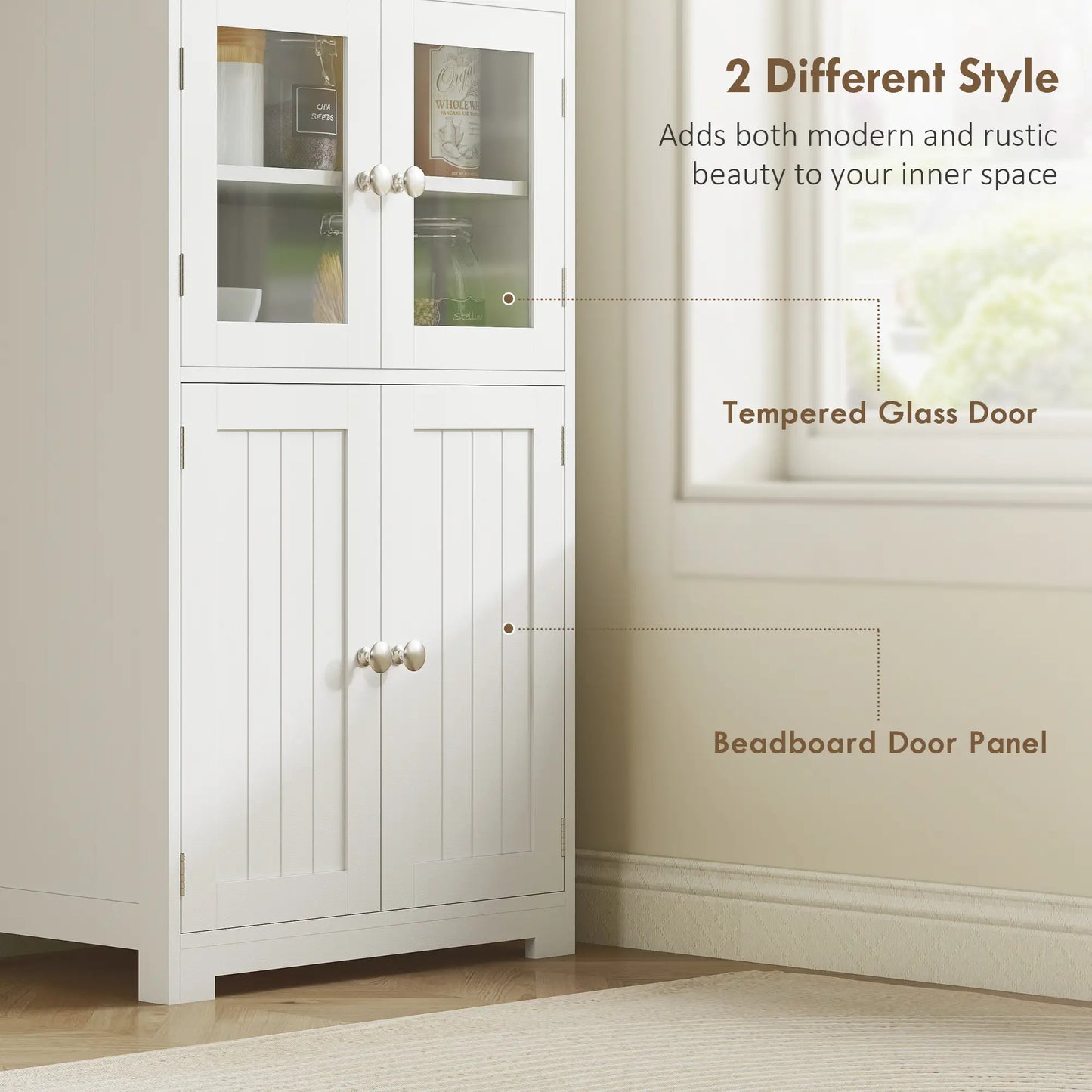 HOMCOM Freestanding Kitchen Cupboard, 4-Door Storage Cabinet with Adjustable Shelf and Glass Doors, White