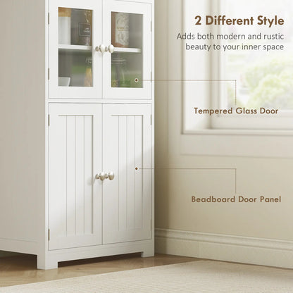 HOMCOM Freestanding Kitchen Cupboard, 4-Door Storage Cabinet with Adjustable Shelf and Glass Doors, White