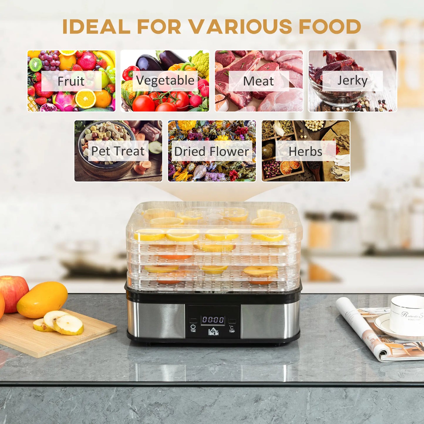 HOMCOM 5 Tier Food Dehydrator, 245W Stainless Steel Food Dryer with Adjustable Temperature, Timer & LCD Display, Black