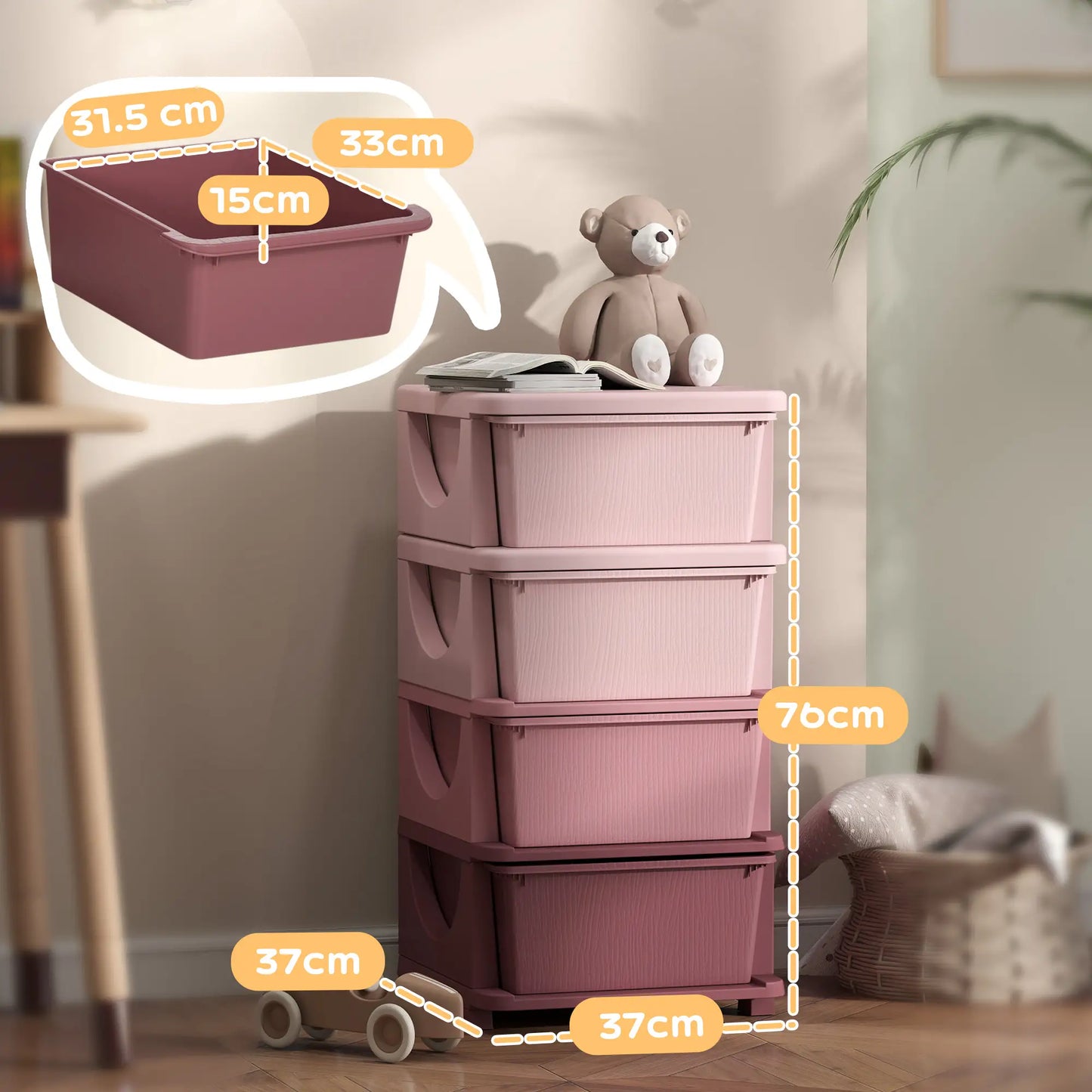 HOMCOM Four-Tier Kids Storage Boxes, with Four Removable Drawers, Pink