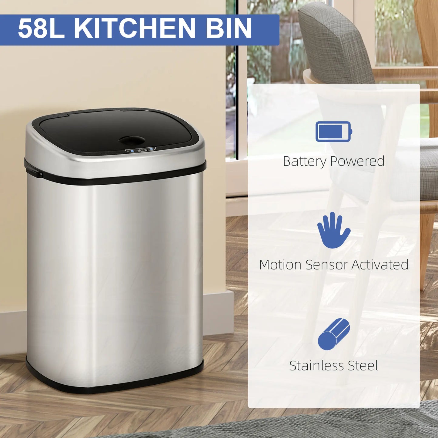 HOMCOM Stainless Steel Kitchen Sensor Dustbin Automatic Touchless Rubbish Garbage Waste Bin 58L, Silver