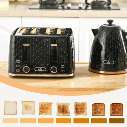 HOMCOM 1.7L 3000W Fast Boil Kettle and 4 Slice Toaster Set with 7 Browning Controls, Crumb Tray, Black