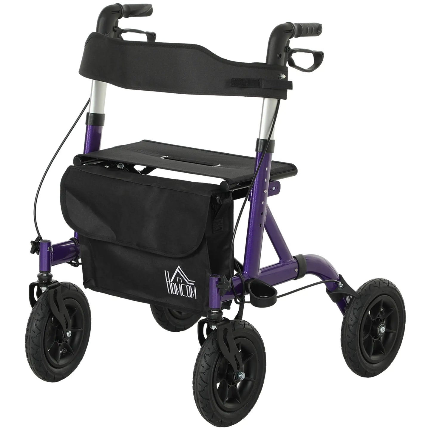HOMCOM 4 Wheeled Folding Rollator Walker with Seat, Backrest, Lightweight Walking Frame with Dual Brakes, Adjustable Handle Height, Purple