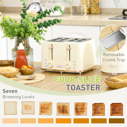 HOMCOM Kettle and Toaster Set, 1.7L 3000W Fast Boil Jug Kettle with Auto Shut Off, 4 Slice Toaster with 7 Level Browning Controls, Beige