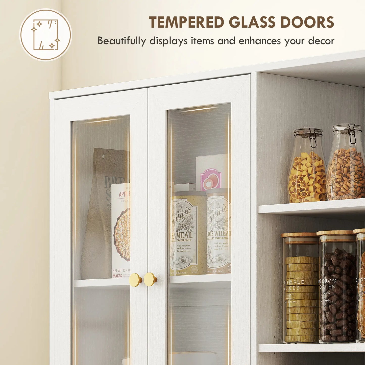 HOMCOM Multi-Storage Kitchen Cabinet, with Glass Doors - White Wood-Effect