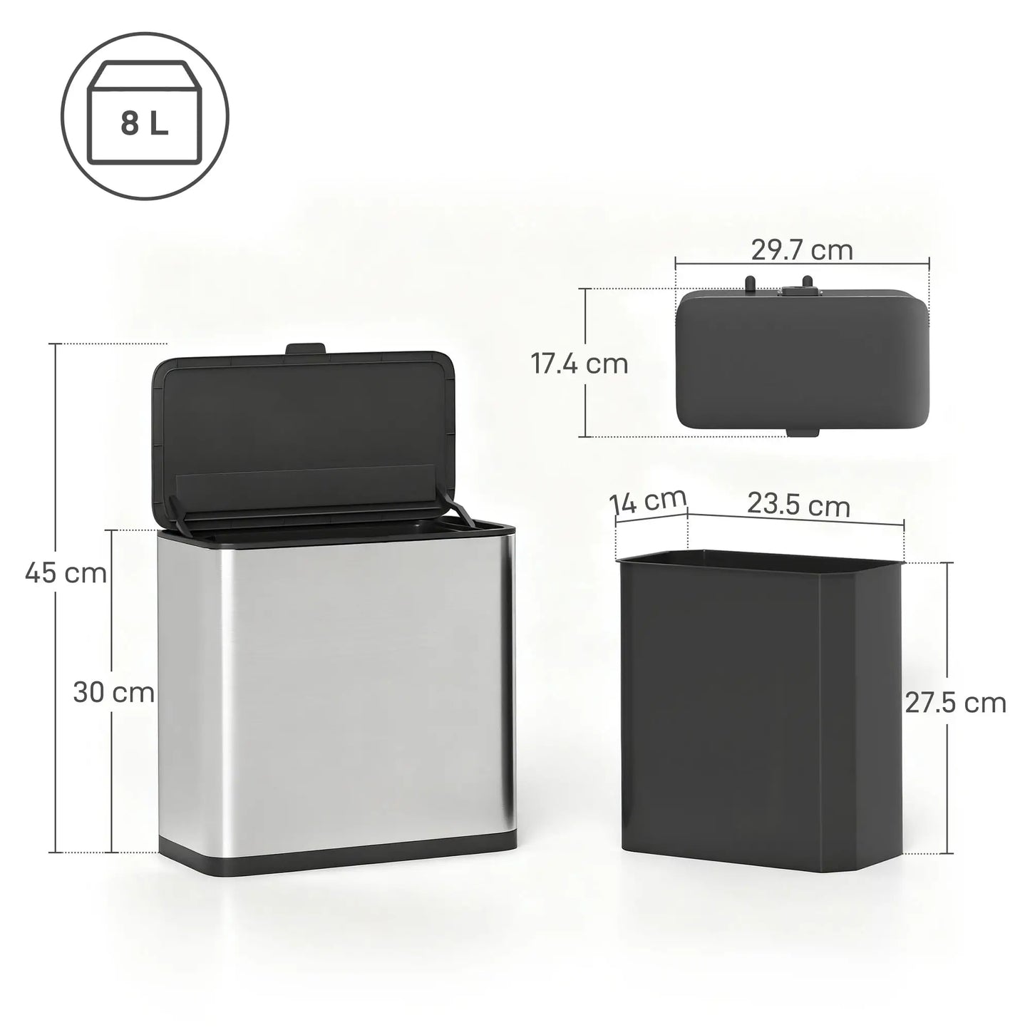 HOMCOM 8L Hanging Kitchen Bin, Rubbish Bin with Lid & Removable Inner Bucket for Under Cabinet, Under Sink, Office