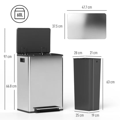 HOMCOM 60L Dual Compartment Stainless Steel Bin with Deodoriser Holders - Silver Tone