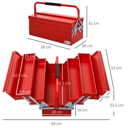 DURHAND Metal Tool Box 3 Tier 5 Tray Professional Portable Storage Cabinet Workshop Cantilever Toolbox with Carry Handle, Red