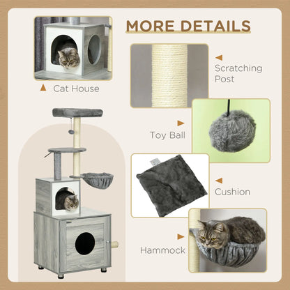 PawHut Enclosed Cat Litter Box with Cat House, Cat Bed, Scratching Posts for Indoor Cats - Grey