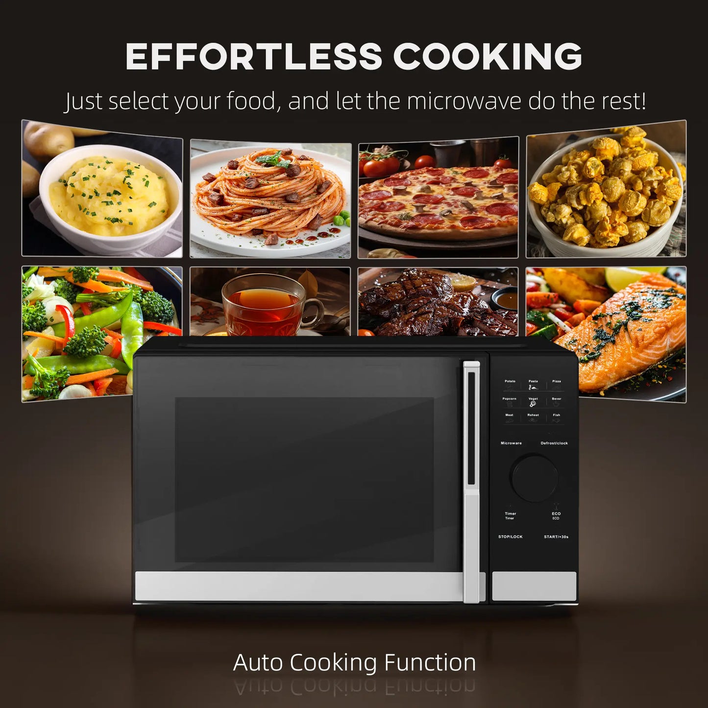 HOMCOM Small Digital Solo 23L 800W Microwave Oven with 10 Power Levels, Automatic Defrost, 8 Auto Cook Menus, 60 Minutes Timer, Black