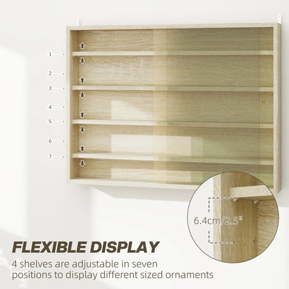 HOMCOM 5-Tier Wall Display Shelf Unit Cabinet w/ 4 Adjustable Shelves Glass Doors Home Office Ornaments, Oak