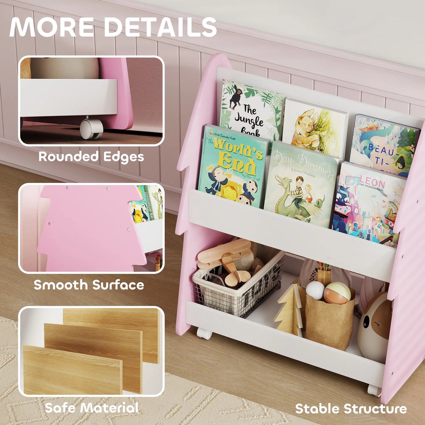 AIYAPLAY Kids Bookshelf with Toy Storage & Wheels, Double-Sided Bookcase, 3 Tier Book Rack for Bedroom, Pink