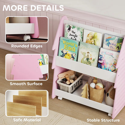 AIYAPLAY Kids Bookshelf with Toy Storage & Wheels, Double-Sided Bookcase, 3 Tier Book Rack for Bedroom, Pink