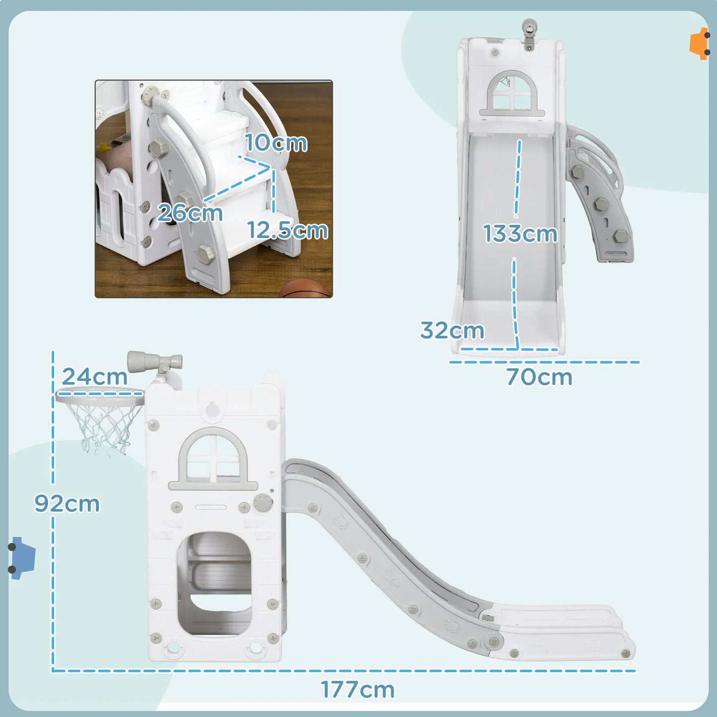 AIYAPLAY 4 in 1 Toddler Slide with Basketball Hoop, Climber, Telescope, Storage Basket, 1-3 Years, Grey