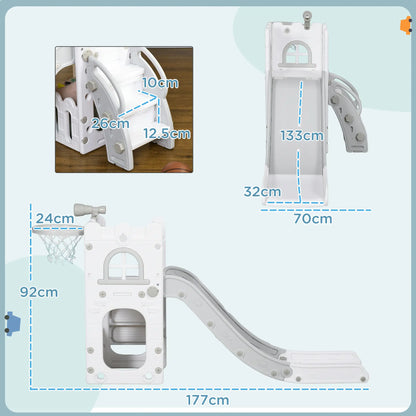 AIYAPLAY 4 in 1 Toddler Slide with Basketball Hoop, Climber, Telescope, Storage Basket, 1-3 Years, Grey
