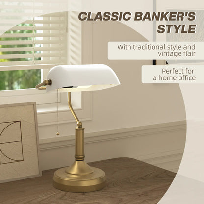 HOMCOM Banker's Desk Lamp with Antique Bronze Tone Base, Table Lamp with White Glass Shade for Home Office