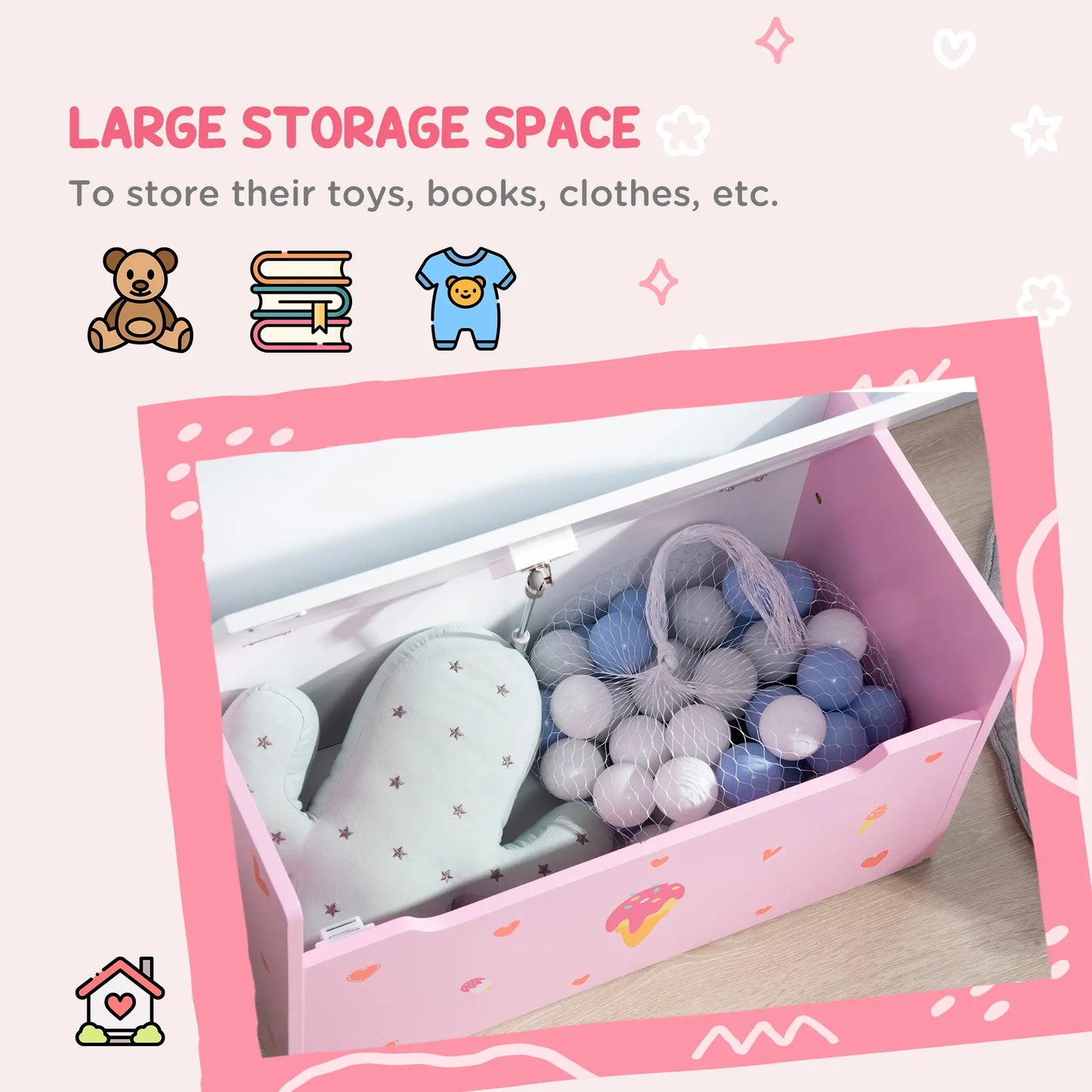 ZONEKIZ 2-in-1 Kids Wooden Storage Chest Bench, Toy Organiser Box w/ Safety Rod - Pink