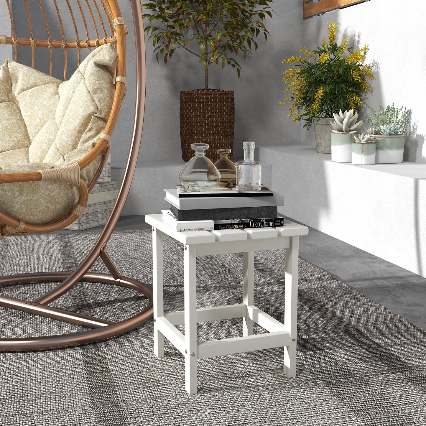 Outsunny Square Coffee Table, HDPE Tabletop and Frame for Porch, Garden, Side Table, White