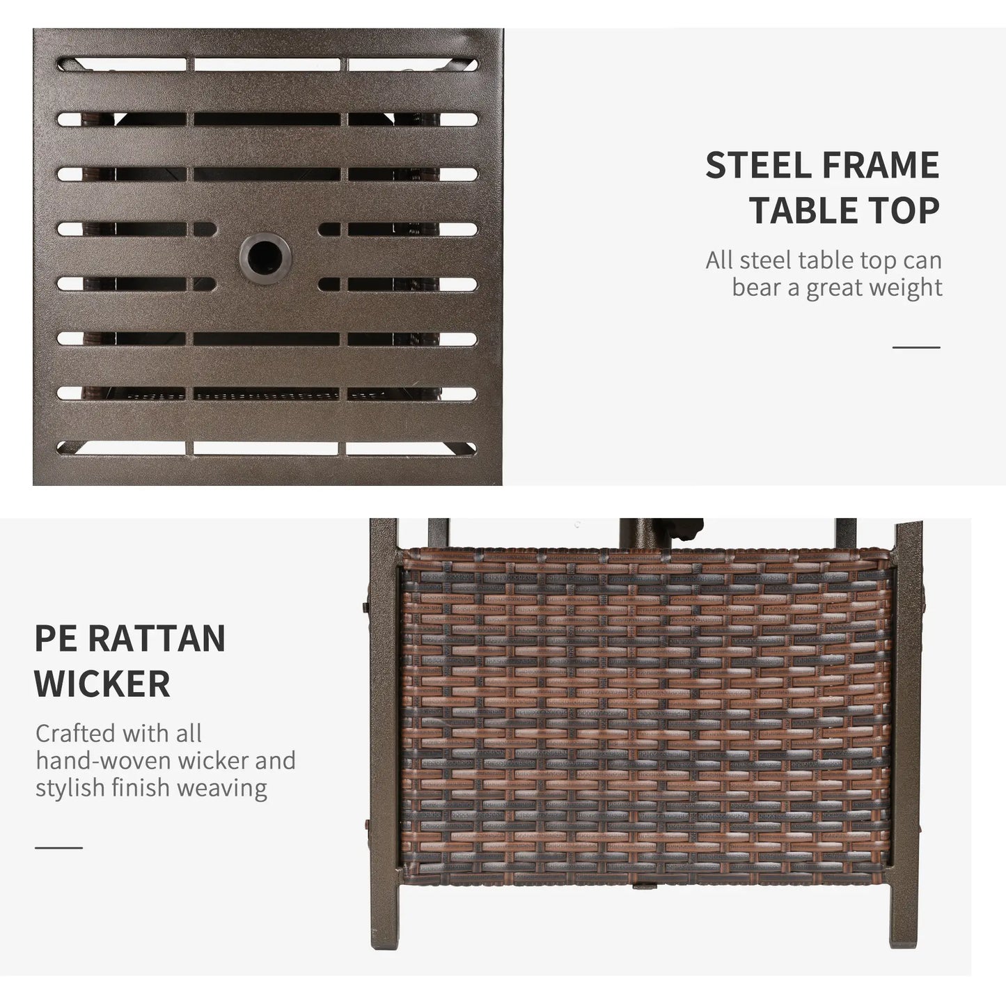 Rattan Garden Coffee Table, Square Wicker Patio Side Table with Umbrella Hole, Metal Bottom for Outdoor, Brown