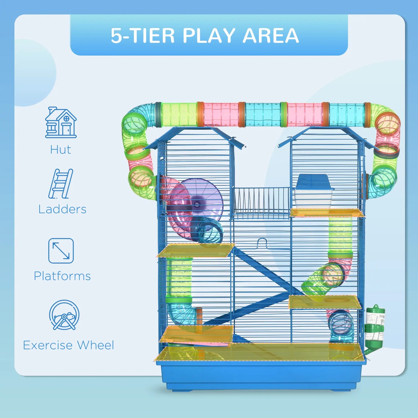 PawHut Hamster Cage, 5 Tier Carrier Habitat with Exercise Wheels Tunnel Tube House Ladder, Gerbil Cage for Dwarf Mice, Blue