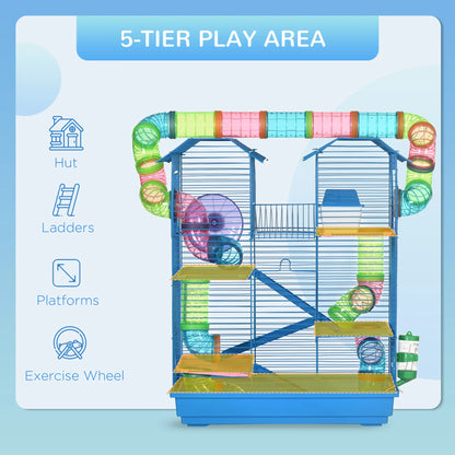 PawHut Hamster Cage, 5 Tier Carrier Habitat with Exercise Wheels Tunnel Tube House Ladder, Gerbil Cage for Dwarf Mice, Blue
