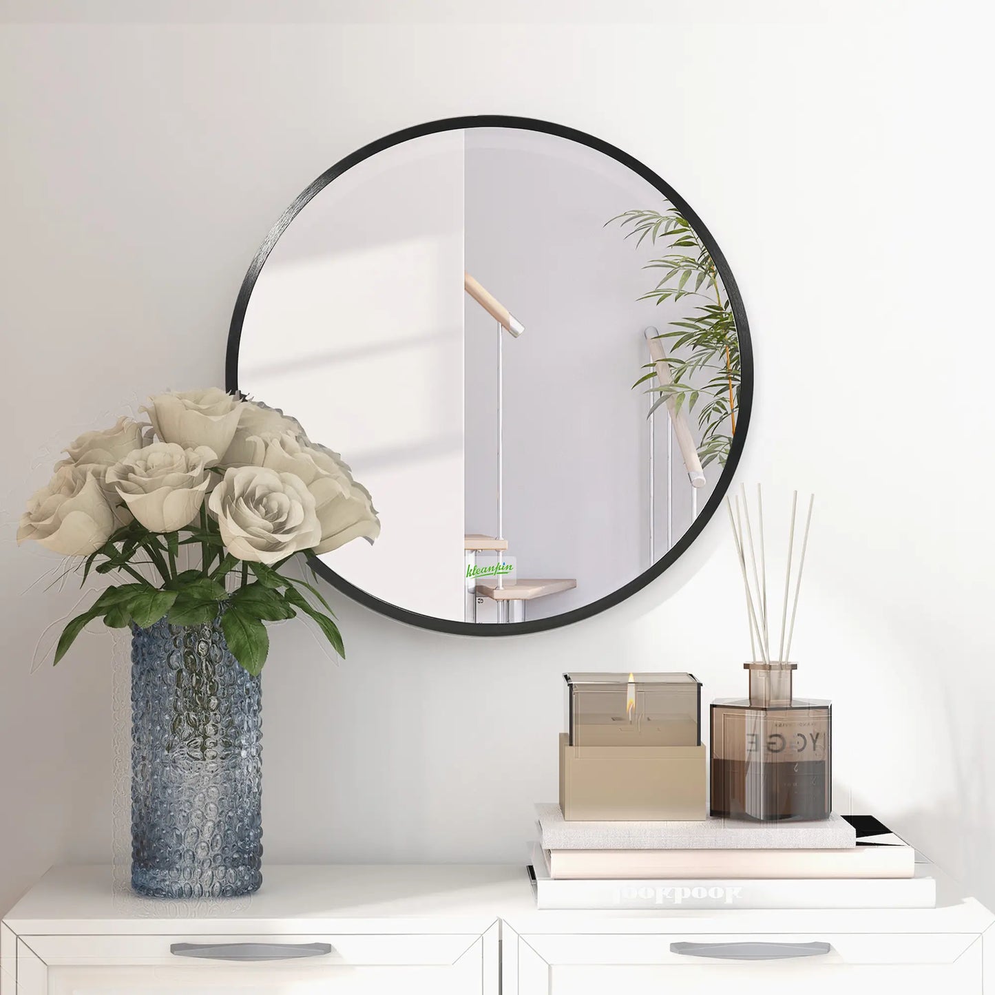 kleankin Round Bathroom Mirror, Modern Wall-Mounted Makeup Mirror with Aluminium Frame for Washroom Living Room, Black