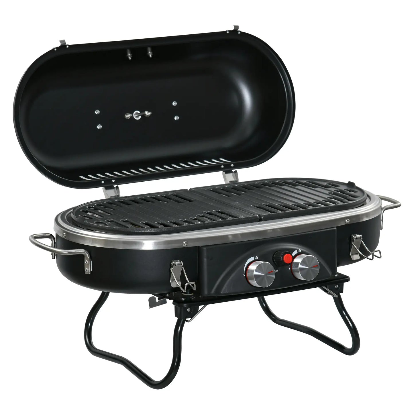 Outsunny Foldable Gas BBQ Grill 2 Burner Table Top Barbecue with Lid for Camping Picnic Cooking, Aluminium Alloy