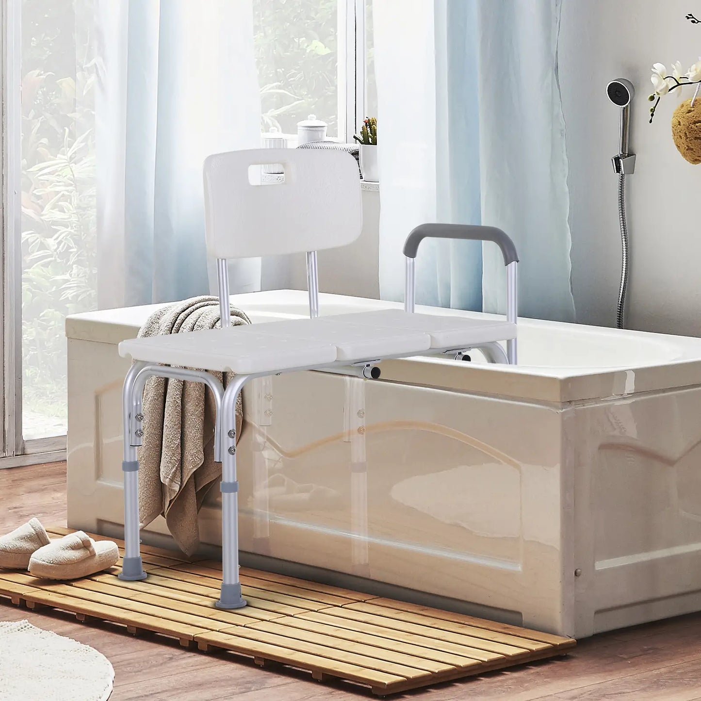 HOMCOM Height Adjustable Shower Chair, Non Slip Bath Transfer Bench for Elderly, Disabled with Armrest and Backrest, White