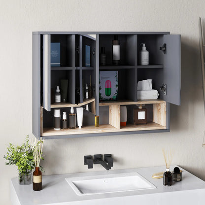 HOMCOM Bathroom Mirror Cabinet, Wall Mounted Cabinet with Mirror, 3 Doors & Cupboards, Grey