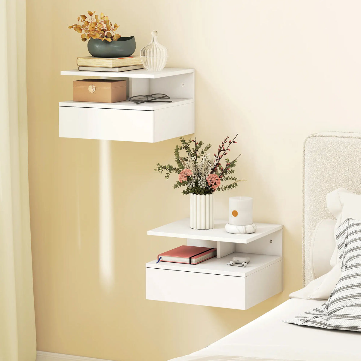 HOMCOM Set of Two Floating Bedside Tables Wall-Mounted Side Table - White