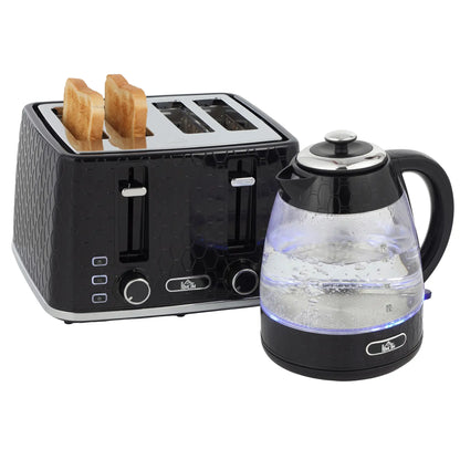 HOMCOM Kettle and Toaster Set, 1.7L 3000W Rapid Kettle with Strix Thermostat, 4 Slice Toaster, Black