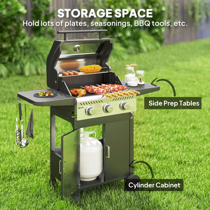 Outsunny 7.5kW Three-Burner Barbecue Gas BBQ Grill with See-Through Lid - Black