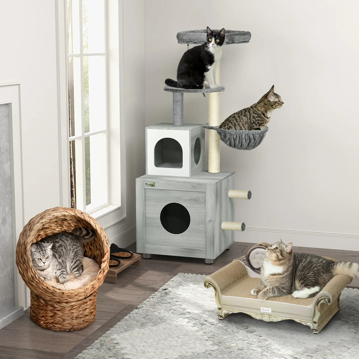 PawHut Enclosed Cat Litter Box with Cat House, Cat Bed, Scratching Posts for Indoor Cats - Grey