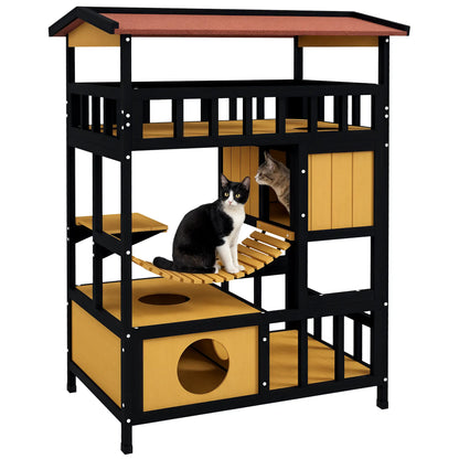PawHut Outdoor Cat Shelter, Four-Tier Wooden Feral Cat House with Suspension Bridge, Balcony, Escape Doors