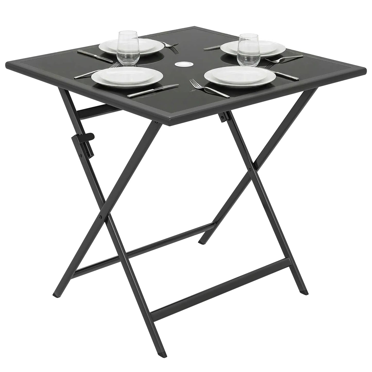 Outsunny Folding Outdoor Dining Table, Square Garden Patio Table Tempered Glass Top with Parasol Hole, Black