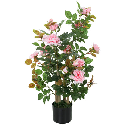 HOMCOM Artificial Rose Tree, Decorative Fake Plant with 344 Silk Leaves 17 Flowers for Outdoor Indoor Decor, Pink