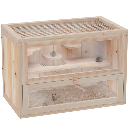 PawHut Wooden Hamster Cage Mouse Mice Rodent Small Animals Hutch Exercise Play House, Natural Wood Finish