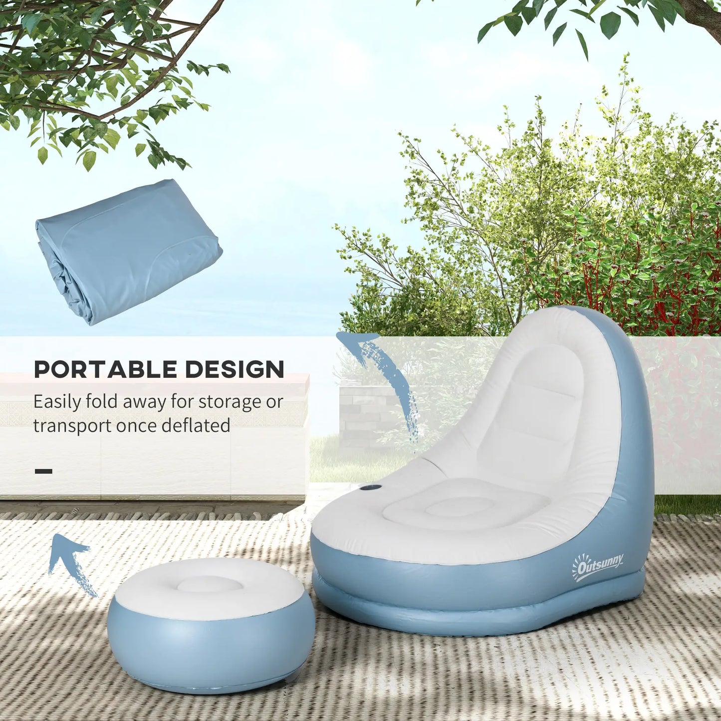Outsunny Inflatable Tub Chair and Footstool, Soft & Comfortable - Blue/White
